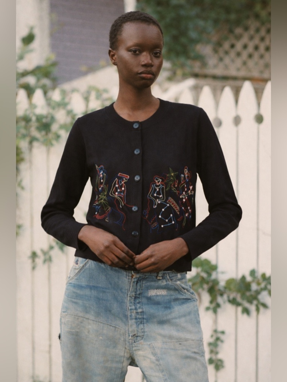 KARIN STEVENS | Black Embroidered Crewneck Blazer 80s 90s